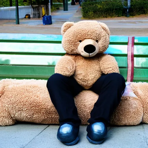 Image similar to sad keanu sitting on bench with huge stuffed teddybear, wide angle