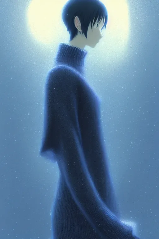 Image similar to portrait of the sapphire herald in an elegant winter sweater, by makoto shinkai, by akihiko yoshida, by zdzislaw beksinski, by dariusz zawadzki, artbook, tone mapped, deep blues, shiny, soft lighting