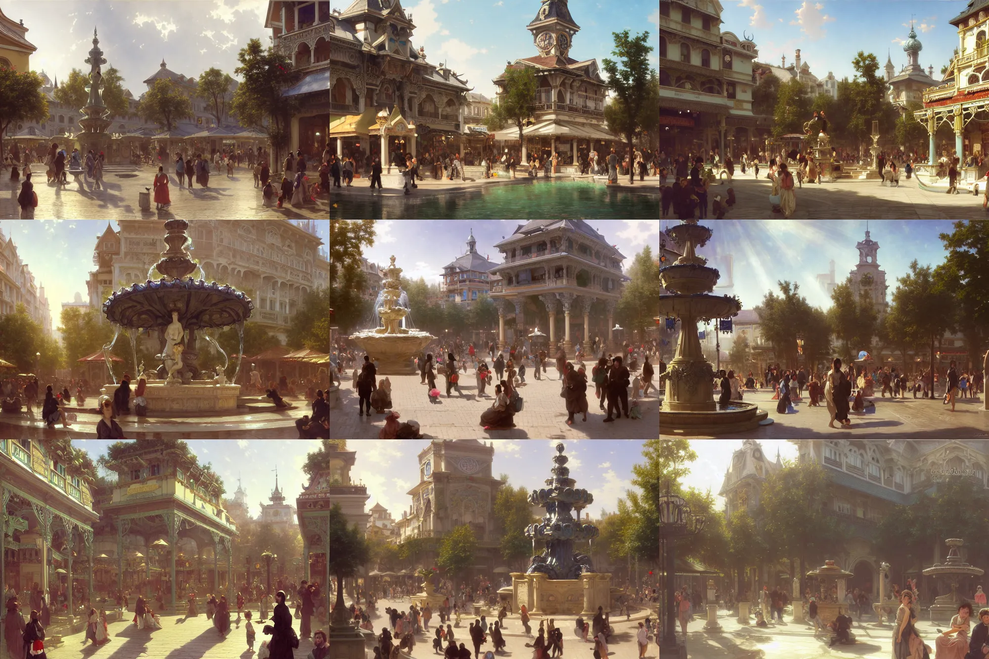 Prompt: detailed illustration of a town square, large ornate victorian crystal water fountain, ecopunk aesthetic, busy, bustling, customers and merchant stands, god rays, bloom, by bouguereau, by ruan jia, by conrad roset, by yoshitaka amano, cgsociety, artstation.
