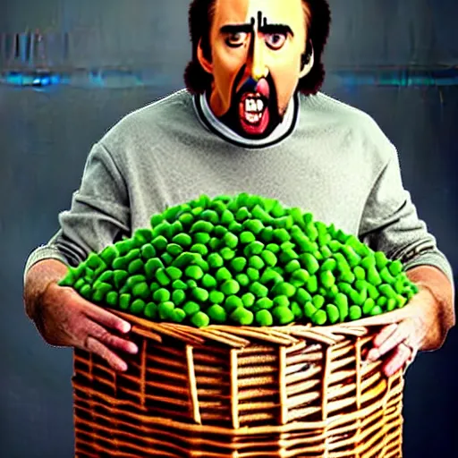 Image similar to nicolas cage with a wicker basket over head screaming with a mouth full of peas