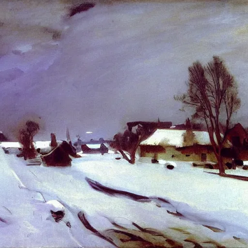 Image similar to A painting of a village during a snow storm, John Singer Sargent