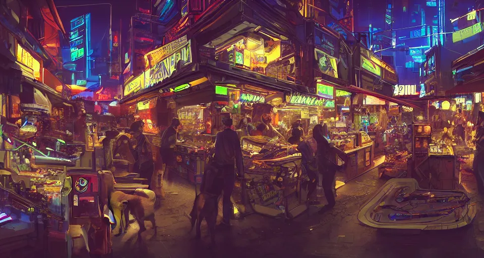 Prompt: a cyberpunk nightmarket with people and animals are shopping in the nightmarket with gun shops, pawn shops, computer shops, electric shops around the year 2 0 3 0, cinematic, magic world, hyper detailed, trending on artstation