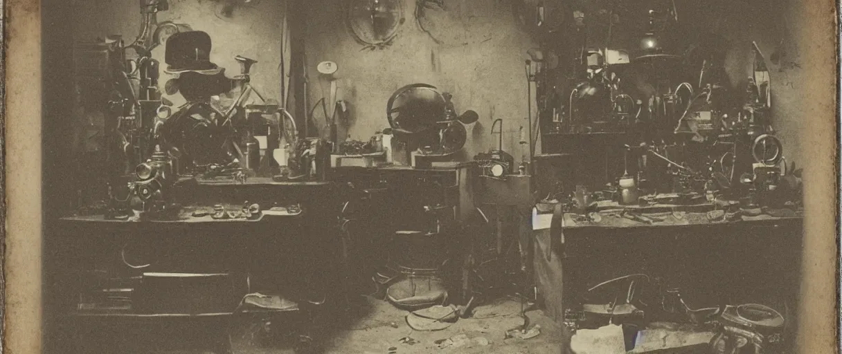 Image similar to detailed daguerreotype of a honey badger as watchmaker in workshop, steampunk laboratory, vintage style, wet collodion, steampunk, sepia, monochrome black and white, artistic photo from late xix century, high resolution, dark atmosphere