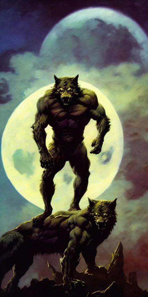 Prompt: by frazetta ,close up of werewolf realistic ,full body backlight ,top light ,full body portrait ,highly textured oil painting ,jungle ,cyan graveyard ,foggy background ,with dramatic sky ,clouds and giant oversized moon and storm