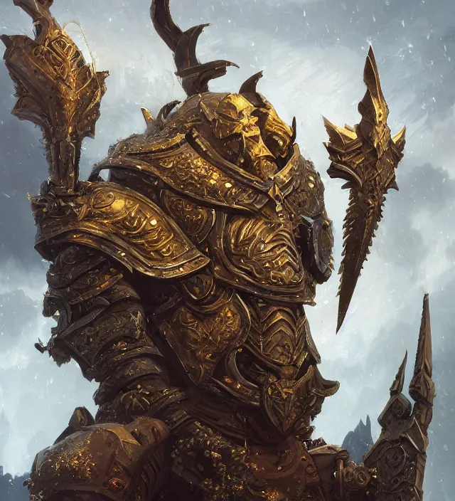 Image similar to a dungeons and dragons storm giant portrait, intricate ornate armor, subject in the middle of the frame, rule of thirds, golden ratio, elegant, digital painting, octane 4k render, zbrush, hyperrealistic, artstation, concept art, smooth, sharp focus, illustration from Warcraft by Ruan Jia and Mandy Jurgens and Artgerm and William-Adolphe Bouguerea