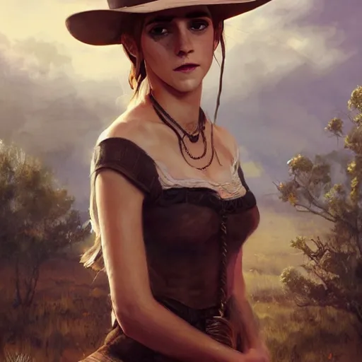 Image similar to sensual emma watson wearing a cowboy hat and a dress, looking seductive, wild west setting, hyperrealistic, artgerm, greg rutkowski, artstation, highly detailed