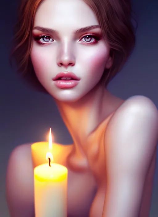 Image similar to a gorgeous female photo, professionally retouched, soft lighting, holding a candle, realistic, smooth face, perfect eyes, wide angle, sharp focus on eyes, 8 k high definition, insanely detailed, intricate, elegant, art by artgerm and wlop