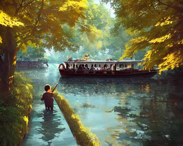 Prompt: one single wooden steam boat in a very narrow river, trees, shady, ripples, reflections. 3 boys and girls are standing in the boat. By Makoto Shinkai, Stanley Artgerm Lau, WLOP, Rossdraws, James Jean, Andrei Riabovitchev, Marc Simonetti, krenz cushart, Sakimichan, trending on ArtStation, digital art.