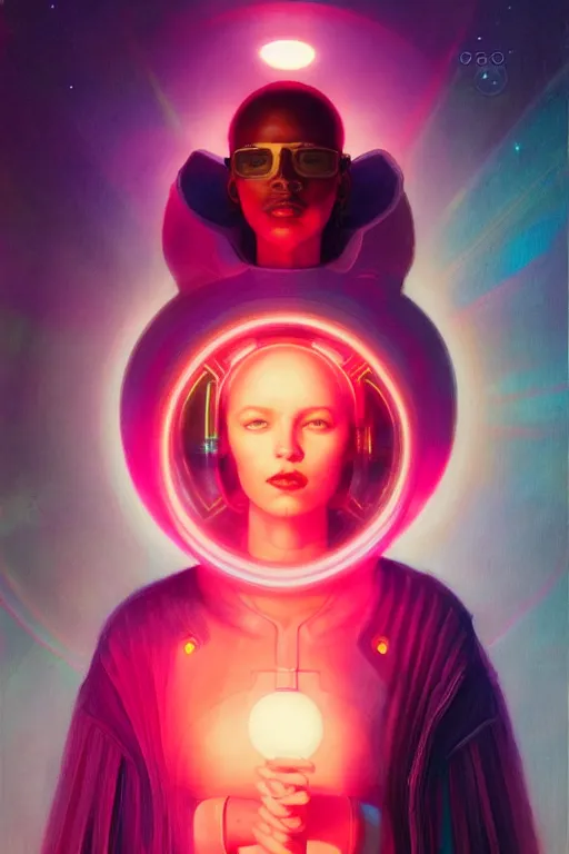 Image similar to patron saint of 🛸🌈👩🏾, futuristic clothing, neon god of city character portrait, in the style of moebius, tom bagshaw, and waterhouse, cinematic lighting, beautiful, elegant, oil painting,