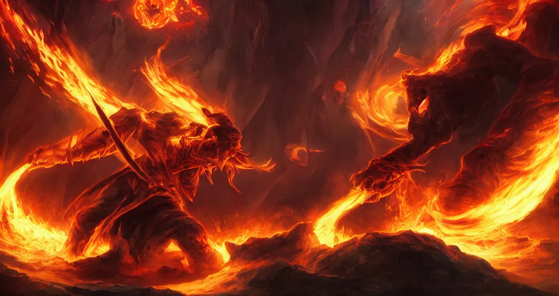 Image similar to balrog fighting link from the legend of zelda, lava, fire, flaming sword, intricate, detailed, volumetric lighting, scenery, hellscape, digital painting, highly detailed, artstation, sharp focus, illustration, concept art, ruan jia, steve mccurry