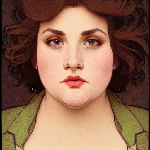 Prompt: A portrait of a plump woman, a cute art neuveau woman with brown hair in a Bob, no bangs, brown eyes, full face, olive skin, romanian heritage, medium shot, mid-shot, hyperdetailed, 8k, by mucha