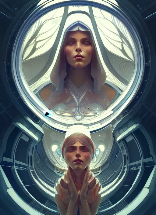 Image similar to symmetry, girl in a spaceship intricate, elegant, highly detailed, digital painting, artstation, concept art, smooth, sharp focus, illustration, art by artgerm and greg rutkowski and alphonse mucha