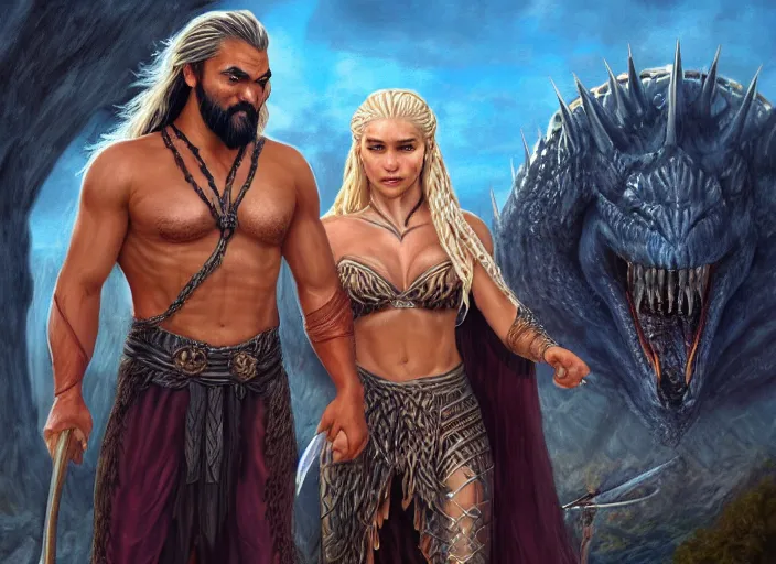 Prompt: jason momoa as khal drago with queen daenerys stormborn by anne stokes and larry elmore, detailed matte painting, realistic portrait, symmetrical, highly detailed, digital painting, artstation, concept art, smooth, sharp focus, illustration, cinematic lighting, 8 k resolution