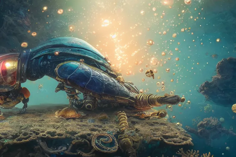 Prompt: beautiful painting of a caretta caretta wearing an armour of jewels and giant golden beetles in ocean coral reef, water bubbles, intricate details, realistic shaded , steampunk, highly detailed, artstation, illustration by Greg Rutkowski and Ruan Jia , octane render, dynamic light, volumetric light, neon lights, cinematic mood