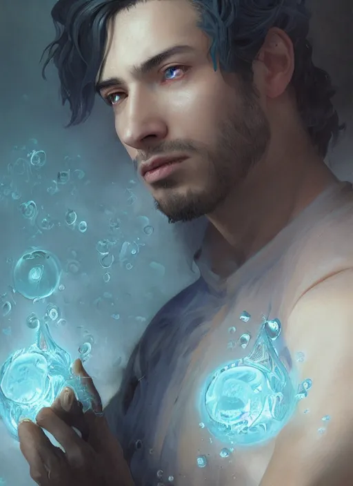 Image similar to character concept portrait of an attractive young focused Spanish wizard with pale blue enchanting a bubbling seduction spell, a floating wet spell book in the center, intricate, elegant, digital painting, concept art, smooth, sharp focus, illustration, from Metal Gear, by Ruan Jia and Mandy Jurgens and William-Adolphe Bouguereau, Artgerm