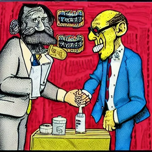 Image similar to The Artwork of R. Crumb and his Cheap Suit Dentist, pencil and colored marker artwork, trailer-trash lifestyle