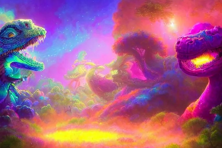 Image similar to a psychedelic realm made entirely out of love and acceptance and hypercolors. astral beings sharing love. cute smiling glowing skin glowing chibi style pixar baby dinosaurs in the style of greg rutkowski and wlop and lisa frank! and bob ross!!! and ruan jia, illustration, epic, fantasy, hyper detailed, smooth, unreal engine, sharp focus, ray tracing