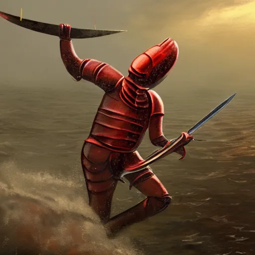 Image similar to a photo of the Lobster Knight walking onto an old run down sailship with a claw arm and a human arm holding a sword, 8k, hyper realistic,fine details, foreboding