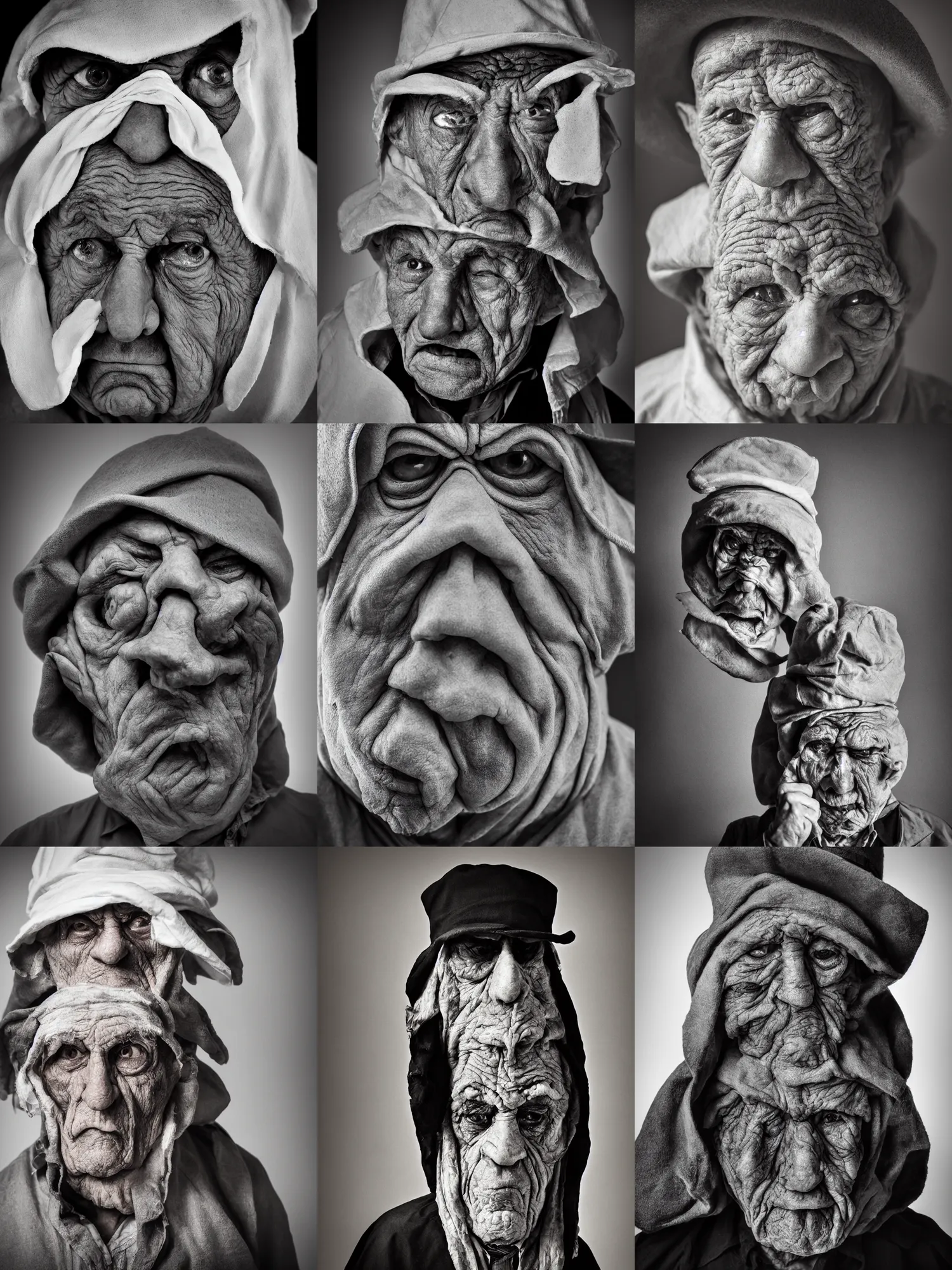 Prompt: high contrast studio portrait of a wrinkled old man wearing a pulcinella mask, angry eyes, baggy cloathing and hat, close - up, backlit, dark mood, nikon, photo by unknown, masterpiece