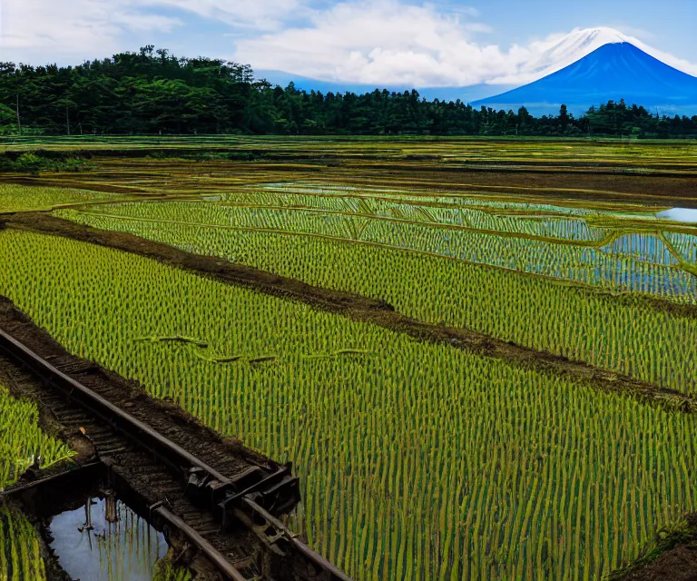 Image similar to a photo of mount fuji, japanese landscape, rice paddies, beautiful sky, seen from a window of a train.