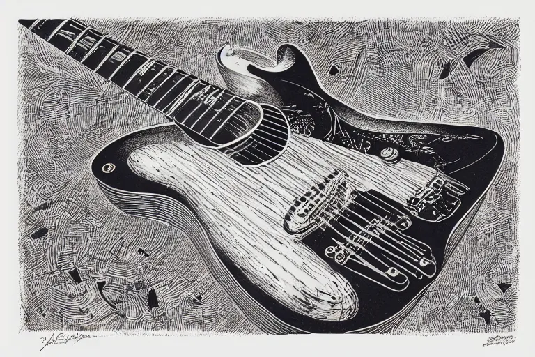 Prompt: blueprint for a guitar designed by Joe Fenton, black ink on textured paper, high detail, sketch, realistic, intricate, technical, art by Joe Fenton and syd mead