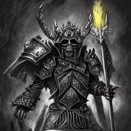 Prompt: digitail painting of the lich king wearing an armor ornated with skulls and bones, dark fantasy, dramatic scene, dramatic lights