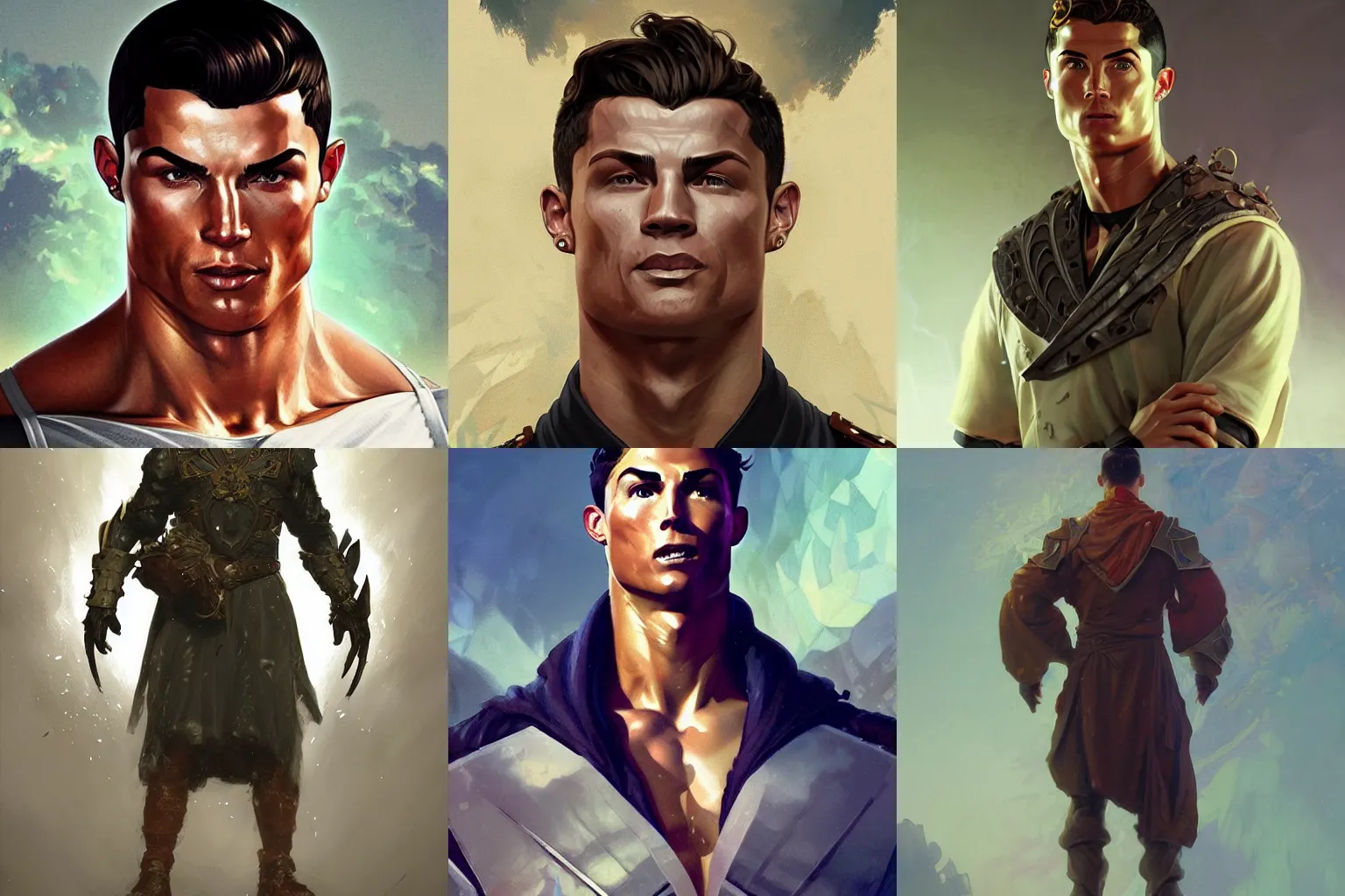 Prompt: Cristiano Ronaldo Russian hero digital fantasy character, painted portrait, artstation, concept art, hard focus, illustrations, works by Artgerm and Greg Rutkowski, Alphonse Mucha and Craig Mullins, James Jean, Andrey Ryabovichev, Mark Simonetti and Peter Morbacher, 16k,