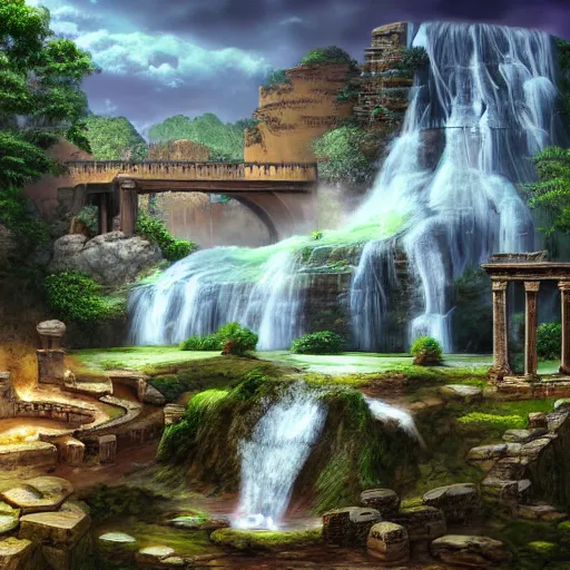 Prompt: ancient ruins and waterfalls, digital art,trending on art station
