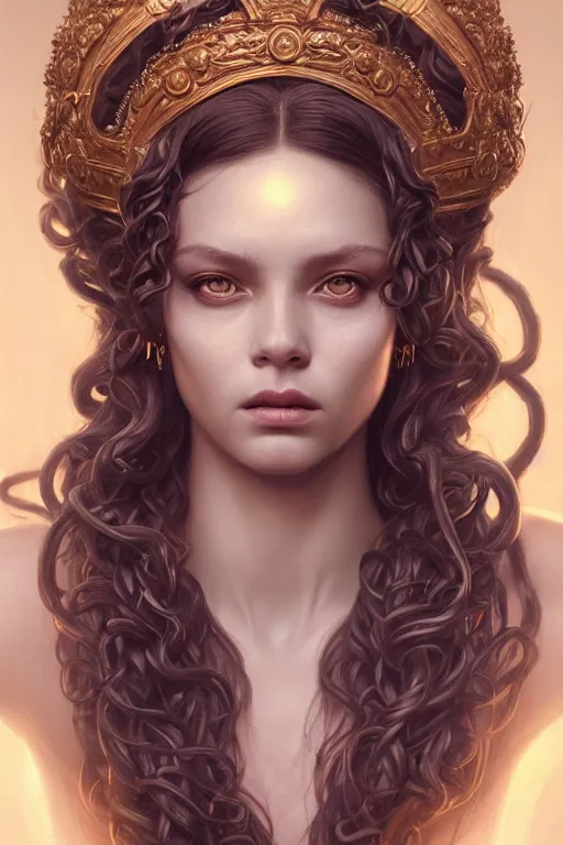 Image similar to highly detailed portrait of an elegant medusa, ornate crown, beautiful symmetrical face, glowing skin, digital painting, artstation, concept art, smooth, clear focus, illustration, greg rutkowski, artgerm, global lighting, detailed and fantasy