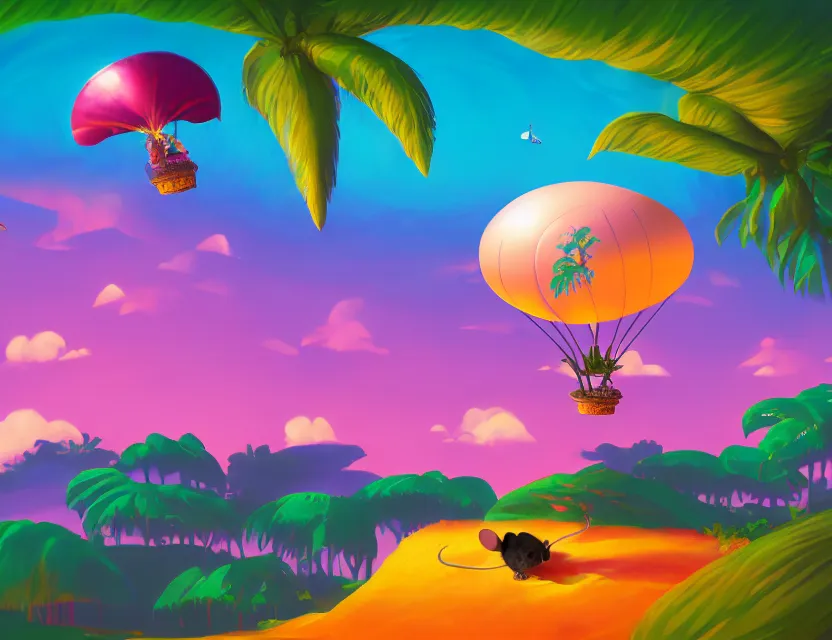 Prompt: adventurer mouse travelling on a vaporwave blimp above tropical landscape. complementary colors, gouache, indie concept art, bloom, chiaroscuro, backlighting, intricate details.