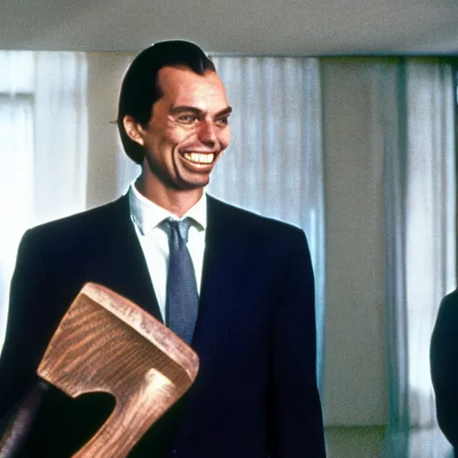 Prompt: Thierry Baudet grinning and holding a hatchet in the movie American Psycho