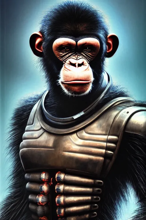 Image similar to a portrait of a muscular anthropomorphic cyberpunk chimp in spacesuit armor with ensignia on chest plate by sandra chevrier, by jon foster, detailed render, post - processing, extremely hyperdetailed, intricate, epic composition, cybernetics, 4 k realistic, cryengine, realistic shaded lighting, sharp focus, masterpiece, by enki bilal