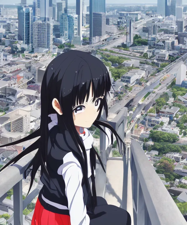 Image similar to anime visual, portrait of a young black haired girl wearing hoodie sightseeing above the city, guardrail, cute face by yoh yoshinari, katsura masakazu, dramatic lighting, dynamic pose, dynamic perspective, strong silhouette, ilya kuvshinov, anime cels, 1 8 mm lens, fstop of 8, rounded eyes, moody, detailed facial features