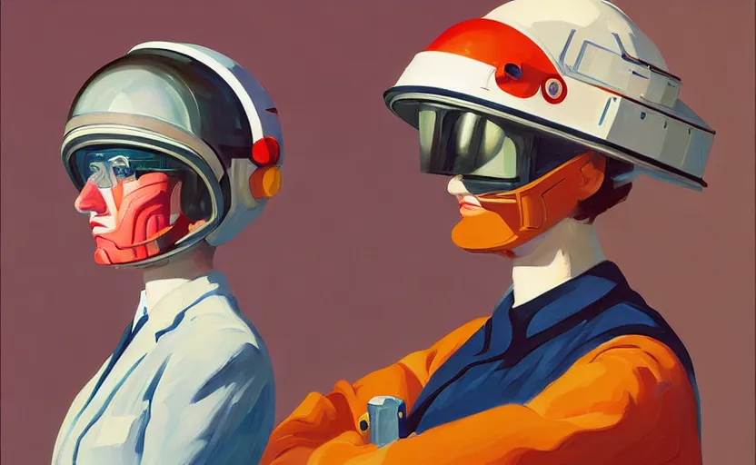 Prompt: Portrait of a woman Scientist with helmet, very coherent, painted by Edward Hopper, painted by James Gilleard, airbrush, art by JamesJean