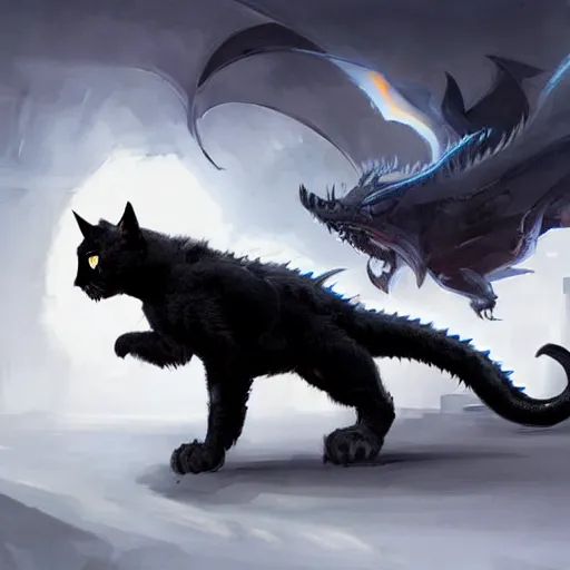 Prompt: a roborovski facing up to a black cat dragon, by greg rutkowski