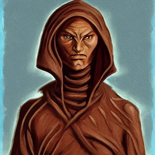 Prompt: painting of due to living on arrakis, the typical fremen appeared as a sinewy human with leathery tanned skin. these effects were less pronounced on those fremen who live in cities such as arrakeen. in addition, fremen eyes were colored entirely blue ( eyes of ibad ), due to their excessive ingestion of the spice melange