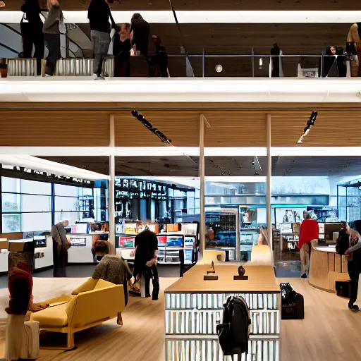 Prompt: photograph of the interior of a Microsoft flagship store in the style of Wes Anderson, architecture magazine, dezeen, 50mm, pentax, film