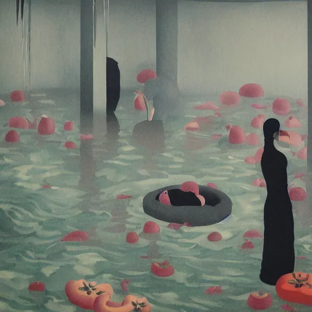 Image similar to tall female emo vegan socialist artist in their flooded apartment, painting of flood waters inside an artist's home, a river flooding indoors, pomegranates, pigs, ikebana, zen, water, octopus, river, rapids, waterfall, black swans, canoe, berries, acrylic on canvas, surrealist, by magritte and monet