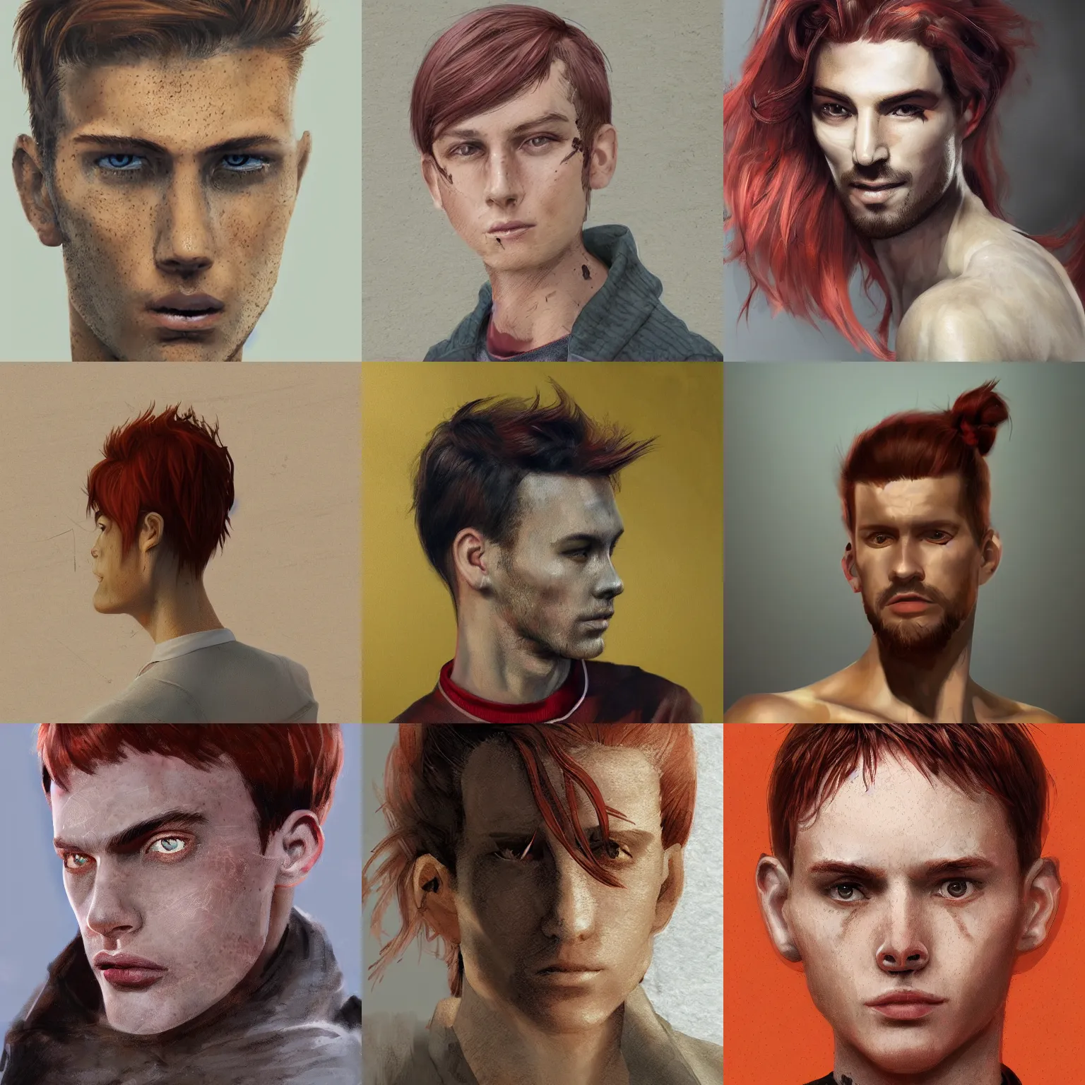 Prompt: portrait of a thin young man with red hair ponytail freckles on his face, intricate, symetric, highly detailed, digital painting, artstation, sharp focus, illustration