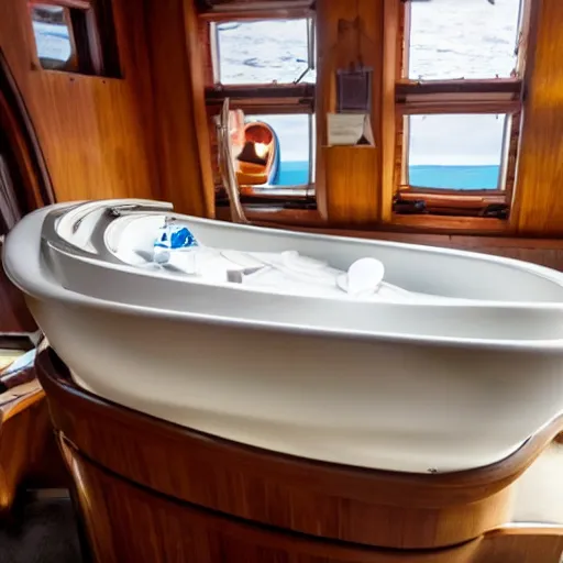 Image similar to a miniature tiny alaskan cruise ship, floating in a white old - fashioned bathtub,