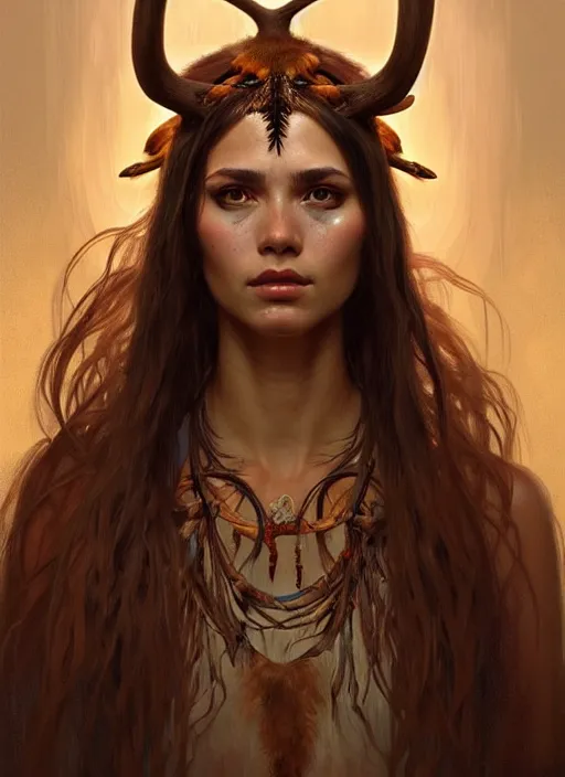 Image similar to portrait of shaman beautiful girl, intrigante, ¨ hedgear with antlers and bone parts, headshot, highly detailed, digital painting, artstation, concept art, sharp focus, cinematic lighting, illustration, art by artgerm and greg rutkowski, alphonse mucha, cgsociety