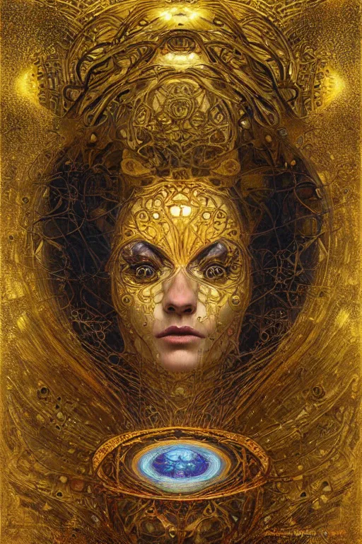 Image similar to Machinery of Fate by Karol Bak, Jean Deville, Gustav Klimt, and Vincent Van Gogh, otherworldly, fractal structures, ornate gilded medieval icon, third eye, spirals