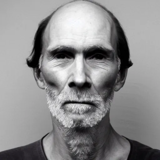 Image similar to A mugshot portrait of a old man who looks like Jerma985 with a receding hairline and short mid-length wavy hair, wearing mid-1980s menswear in the late 2008, taken in the late 1980s, grainy, realistic, hyperrealistic, very realistic, highly detailed, very detailed, extremely detailed, detailed, trending on artstation, front facing, front view, headshot and bodyshot, detailed face, very detailed face