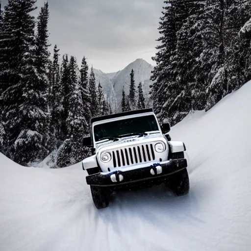 Image similar to white jeep wrangler driving up steep snowy mountain ridge on edge of a cornice, high quality digital art, dramatic lighting, cinematic, photo realism