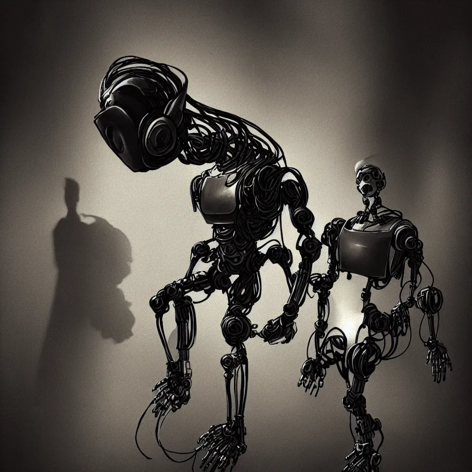 Image similar to robot with a headphone by ben templesmith, dynamic lighting, cinematic, epic composition, masterpiece