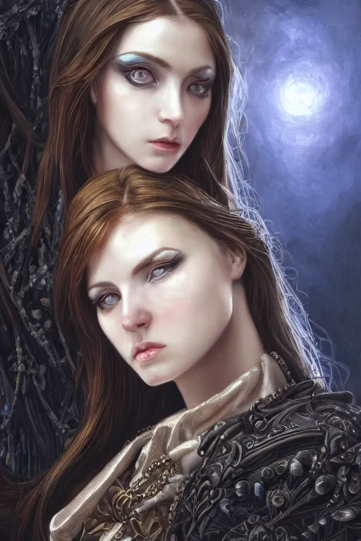 Image similar to high quality extremely detailed closeup portrait of a young attractive female necromancer looking away from the camera, dressed, realistic eyes, sparkle in eyes, no hands visible, baroque architecture in background, fantasy, d & d, intricate, painting by lucian freud and mark brooks, hd