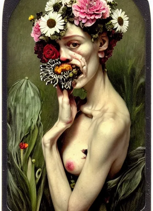 Image similar to beautiful and detailed rotten woman made of plants and many types of stylized flowers like carnation, daisy, chrysanthemum, anemone, roses and tulips, intricate, surreal, vladimir volegov, john constable, guy denning, gustave courbet, caravaggio, romero ressendi, bruno walpoth 1 9 1 0 polaroid photo