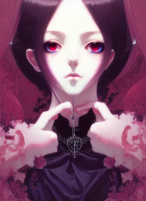 Image similar to portrait of beautiful gothic girl, cute face, intricate, highly detailed, digital painting, official media, anime key visual, concept art, rich vivid colors, ambient lighting, sharp focus, illustration, art by wlop and ilya kuvshinov and makoto shinkai and range murata and gustav klimt