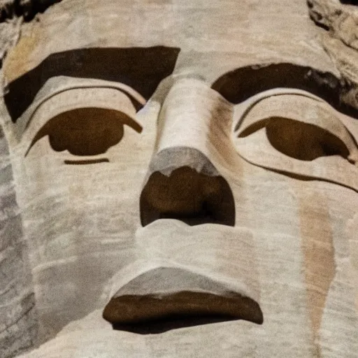 Image similar to donald trump's face carved into rock on mount rushmore. the photo clearly depicts the facial features of donald trump, at a slightly elevated level, depicting his particular hair style carved into the stone at the mountain top, centered, balances, regal, pensive, powerful, just