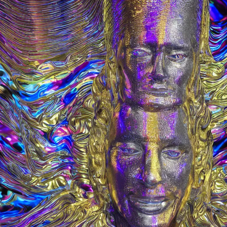 Prompt: octane render portrait by wayne barlow and carlo crivelli and glenn fabry, a giant shiny smooth reflective colorful tie - dye metal statue of a face by jeff koons inside a giant massive dramatic cavernous art gallery, cinema 4 d, ray traced lighting, very short depth of field, bokeh